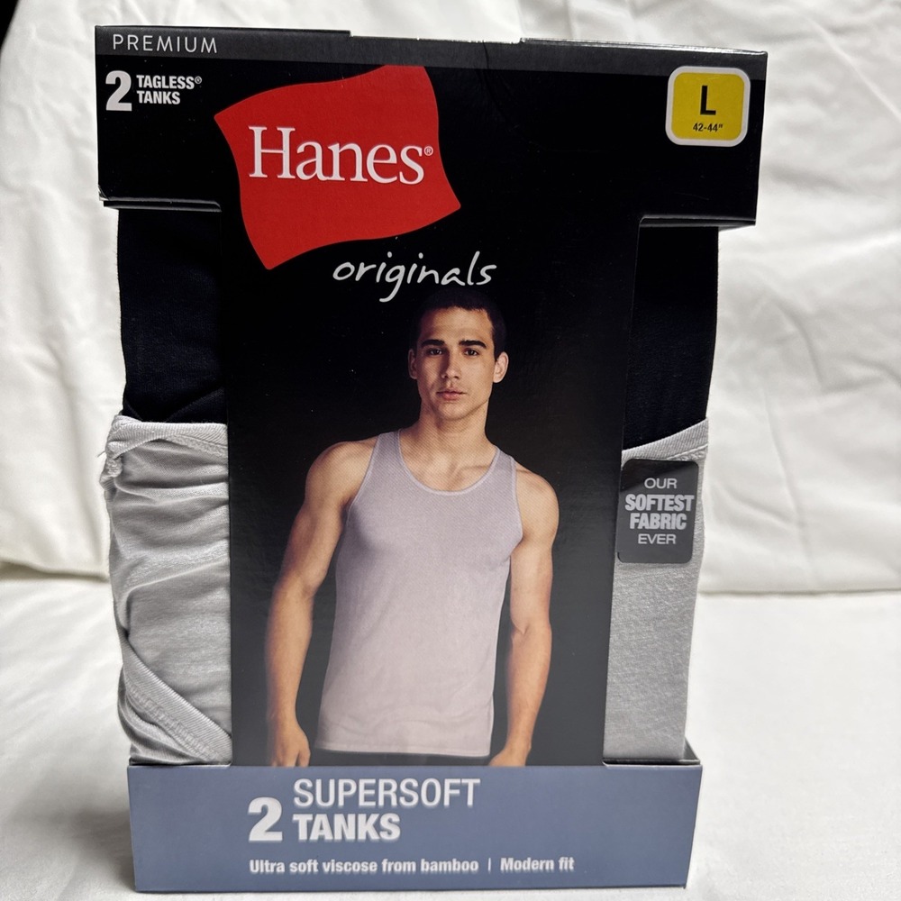 Hanes Tank Top/Undershirts Super Soft Black/Gray 2-Pk Mens Size Large 42"-44"